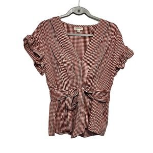 Max Studio Gingham Tie Front Ruffle Sleeve Blouse Size Medium